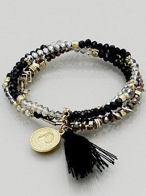 Beaded Bracelet with Coin & Tassel - Onyx and Blush

